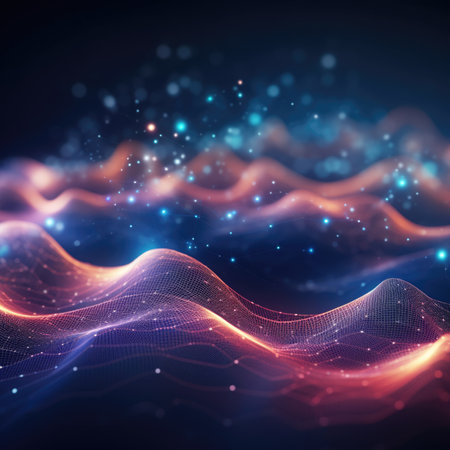 Dark abstract particles background with glowing wave. Shiny moving lines design element. Modern purple blue gradient flowing wave lines. Futuristic technology conceptの素材