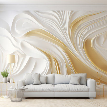 Interior of light living room with sofa. Elegant style cover background decorated with golden wavesの素材