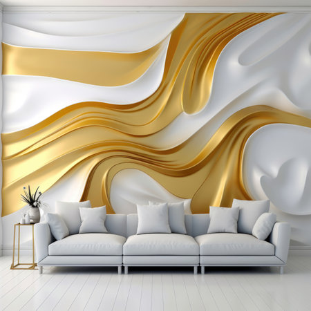Interior of light living room with sofa. Luxury abstract background. Modern geometric gold art wallpaper. Wall art and wall decorationの素材