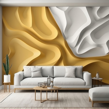 Interior of light living room with sofa. Abstract luxury white background with gold effects.の素材