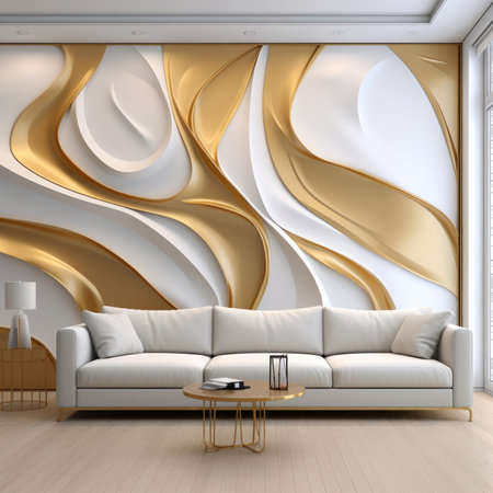 Living room with sofa luxury wall white background with golden waves elementの素材