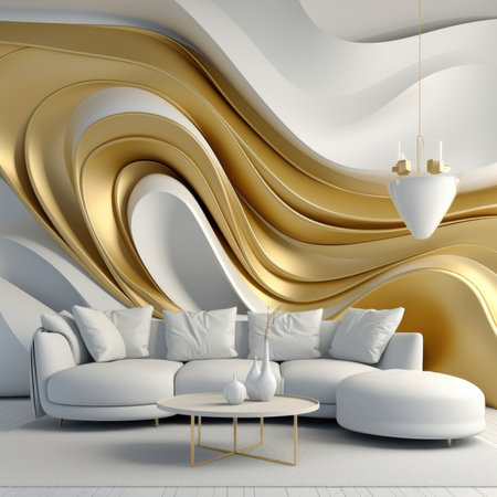 Interior of light living room with sofa. White luxury background with golden wavesの素材