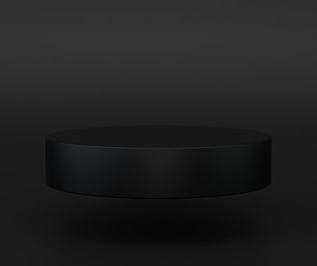 Minimalist black geometric pedestal for product display. Abstract black background. Blank mockup template. Cylinder shape. Empty stage.の写真素材