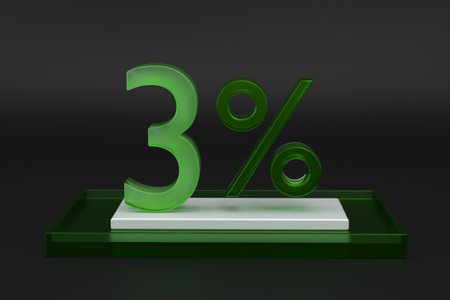 Green Glass three percent or 3 in black studio backgroundの写真素材