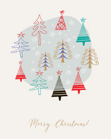 Cute hand drawn christmas card with doodle christmas trees on abstract colorful background, vector design conceptのイラスト素材