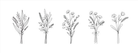 Set of cute trendy hand drawn floral bouquets. Vector line flower illustrations for stories highlights, greeting card or invitation and logo designのイラスト素材