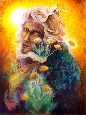 fantasy elven fairy man portrait with dandelion, beautiful colorful detailed fairytale painting of an elven creature and energy lightsの写真素材