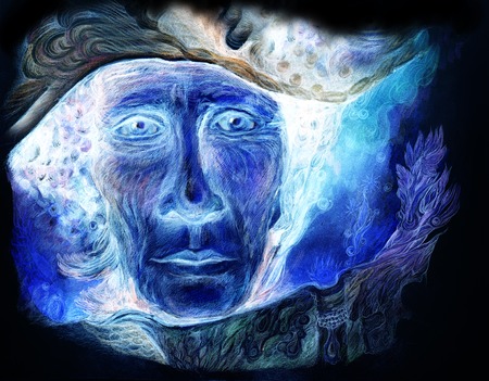 blue radiant prophet reading from a fairy book in the night.の写真素材