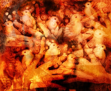 little birds sitting on countless hands, collage drawing.の写真素材
