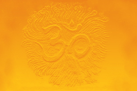 golden om symbol emanating light, illustration on abstract background.の写真素材