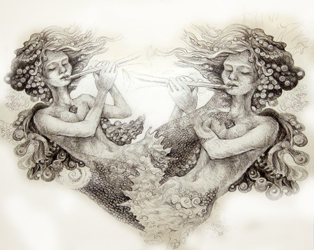 two mermaids playing flute, monochromatic ornamental illustration.の写真素材