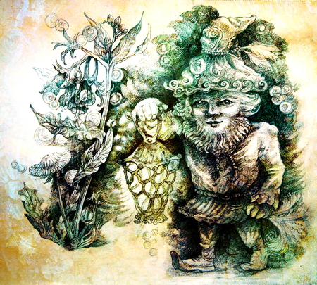 little forest dwarf carrying his lantern in woodland, colorful drawing.の写真素材