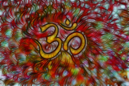 golden om symbol emanating light, illustration on abstract background.の写真素材