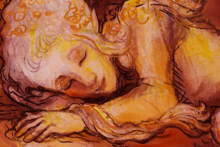 sweet elven dreams - little sleeping fairy, hand pinted and computer collage.の写真素材