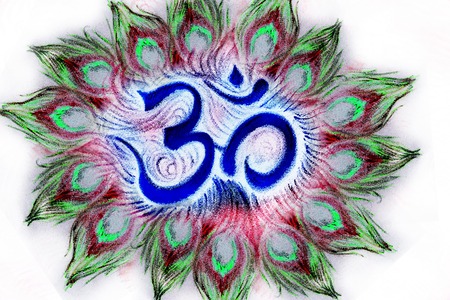 sacred aum sanskrit symbol in circle of peacock feathers.の写真素材