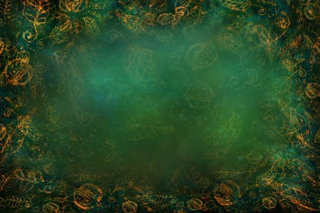 green textured background with golden leaf pattern and blur effect.の写真素材