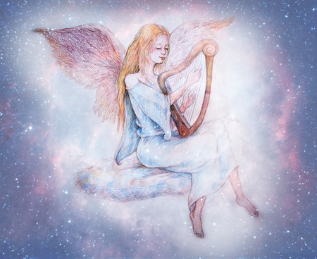beautiful gentle angel playing harp sitting on cloud, surrounded with starry heavens.の写真素材