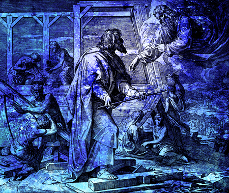 God giving instructions how tho build the ark to Noah and his family, graphic collage from engraving of Nazareene School, published in The Holy Bible, St.Vojtech Publishing, Trnava, Slovakia, 1937.の写真素材