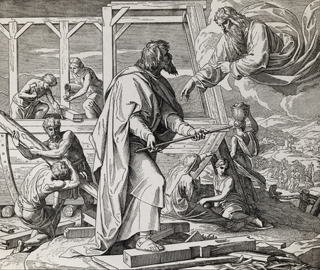 God giving instructions how tho build the ark to Noah and his family, graphic collage from engraving of Nazareene School, published in The Holy Bible, St.Vojtech Publishing, Trnava, Slovakia, 1937.の写真素材