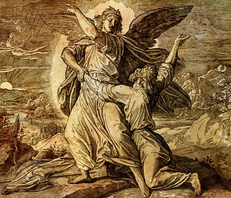 Jacob wrestling with the angel of god, graphic collage from engraving of Nazareene School, published in The Holy Bible, St.Vojtech Publishing, Trnava, Slovakia, 1937.の写真素材
