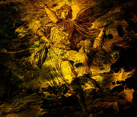 Jacob wrestling with the angel of god, graphic collage from engraving of Nazareene School, published in The Holy Bible, St.Vojtech Publishing, Trnava, Slovakia, 1937.の写真素材