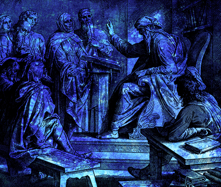 prophet preaching to the people in temple, graphic collage from engraving of Nazareene School, published in The Holy Bible, St.Vojtech Publishing, Trnava, Slovakia, 1937.の写真素材