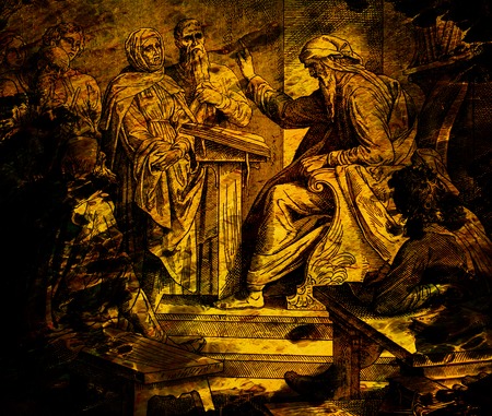 prophet preaching to the people in temple, graphic collage from engraving of Nazareene School, published in The Holy Bible, St.Vojtech Publishing, Trnava, Slovakia, 1937.の写真素材