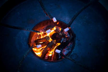 five sticks with marshmallows roasted over a bonfire. Family timeの写真素材