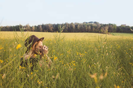 A girl in a field full of tall yellow flowers at sunset, is taking a picture. She wears a hat.の写真素材