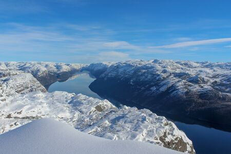 Preikestolen in winter, view from Preikestolen on Lysefjord, Stavanger, Norwayの写真素材