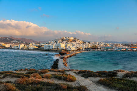 Naxos city on the harbor of Naxos on a stormy evening, Greeceの写真素材