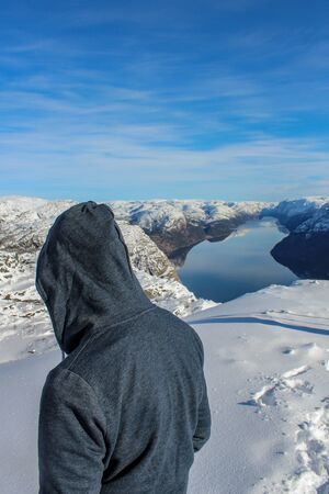 Preikestolen in winter, view from Preikestolen on Lysefjord, Stavanger, Norwayの写真素材