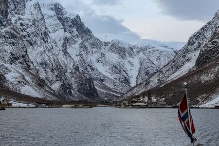 Panoramic view of Gudvangen during a boat trip in winter, N?r?yfjord, Norwayの写真素材