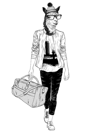 Fashion Alpaca with big bag for poster or t-shirt print black and whiteのイラスト素材