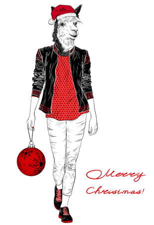 Fashion Christmas woman with the head of Alpaca for poster or t-shirt printのイラスト素材