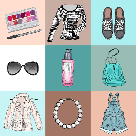 stylish fashion set of woman's clothes, accessories and cosmeticsのイラスト素材