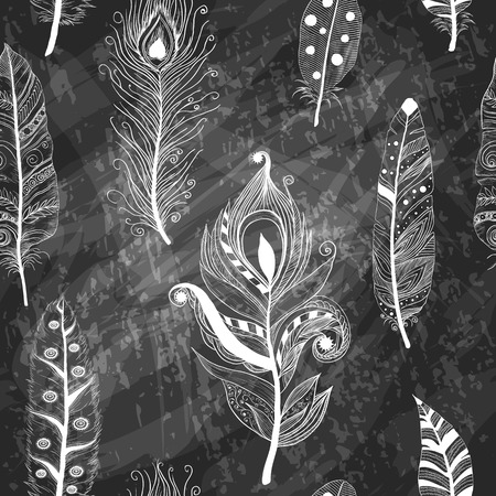 seamless pattern with hand-drawn feathers on chalkboardのイラスト素材