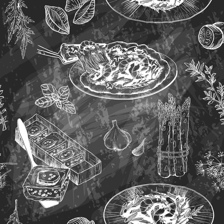 Seamless Menu pattern with Italian meal. Blackboard chalk.のイラスト素材