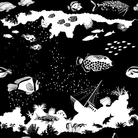 Black and white seamless vector pattern with fish and coralsのイラスト素材