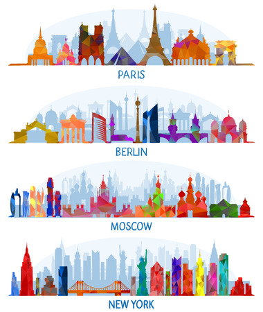 Set of vector architecture (Paris, Berlin, Moscow and New York)のイラスト素材