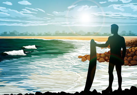 Surf silhouettes on the beachのイラスト素材