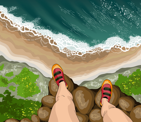 Traveler Man Standing at Top Mountain Rock Peakのイラスト素材