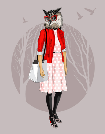 Fashion Hipster owl on tree backgroundのイラスト素材