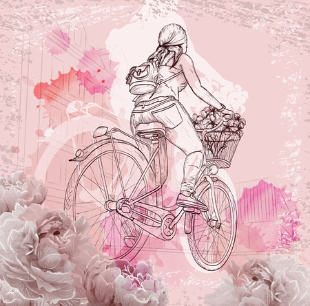 Bicyclist girl on abstract background.のイラスト素材