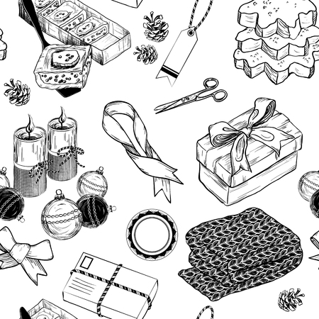 Seamless pattern with Set of Christmas collection, design frames, ribbons, cones, candles and giftsのイラスト素材