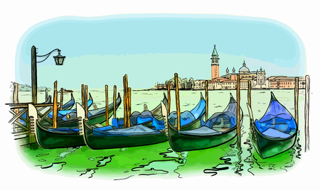 Vector illustration of hand drawn San Giorgio di Maggiore church and Lido island, Venice, Italyのイラスト素材