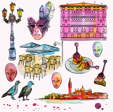 Hand drawing and watercolor set of Venice sketchのイラスト素材