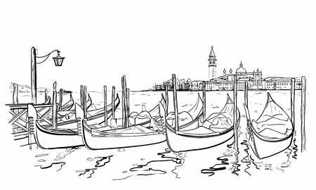 Vector illustration of hand drawn San Giorgio Maggiore church and Lido island.のイラスト素材