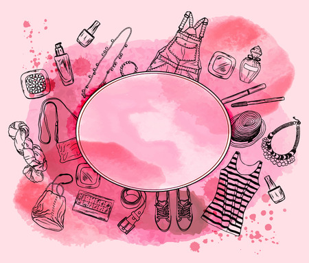 Watercolor background with female accessoriesのイラスト素材