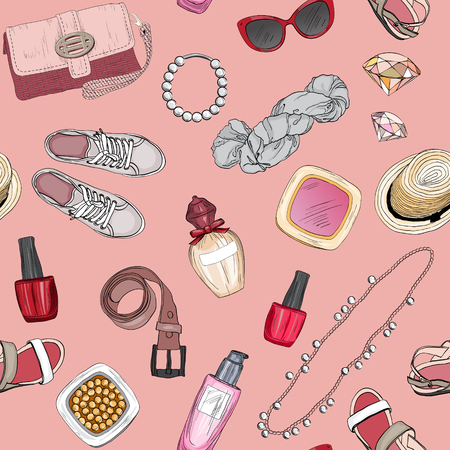 Seamless pattern with cosmetics and accessoriesの写真素材